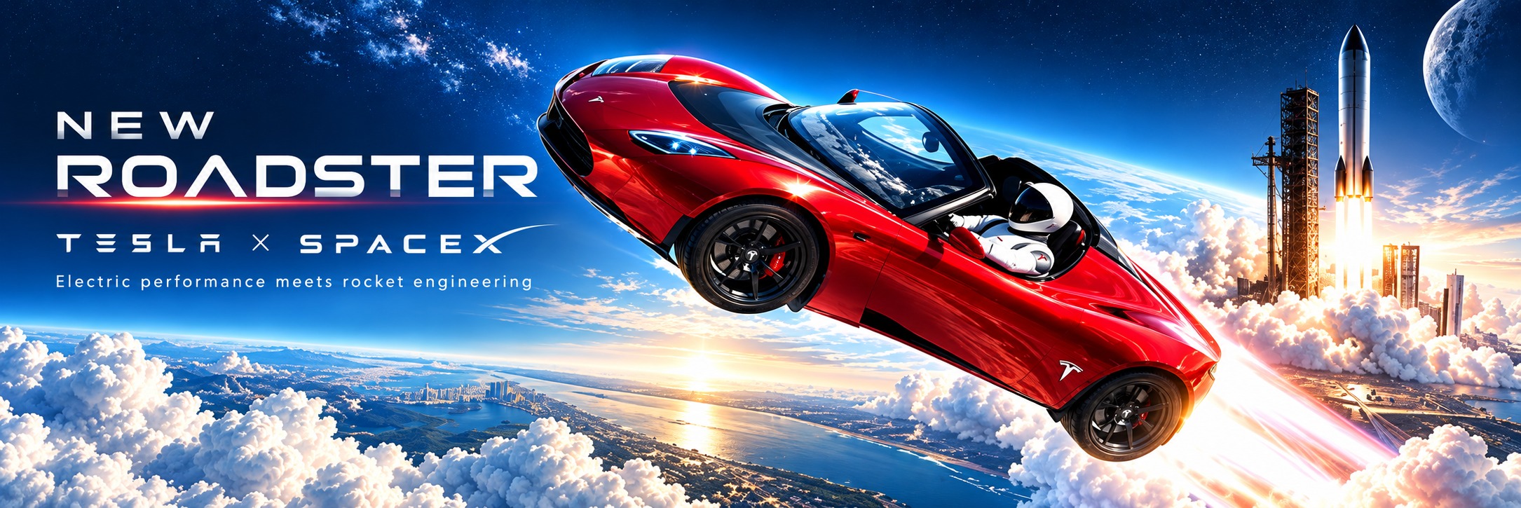 Flying Tesla Roadster banner